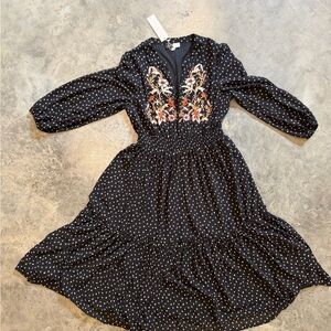 Embroidered Black Polka Dot Midi Dress - Floral Bodice